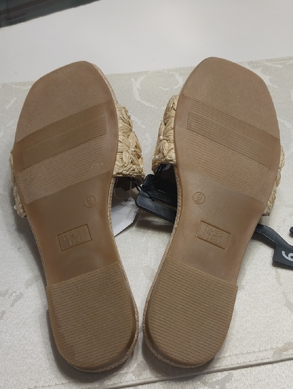 Time & Tru NWT Women's Raffia Flat Slide Sandals Tan Size 8M & 9M Coquette - Picture 5 of 6
